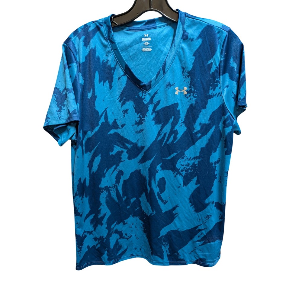 Under Armour Womens Blue Abstract Print V-Neck Short Sleeve Workout Shirt Large